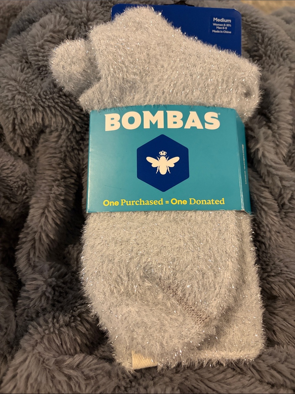 Bombas Silver-Trim Metallic Plush Crew Socks in Light Gray